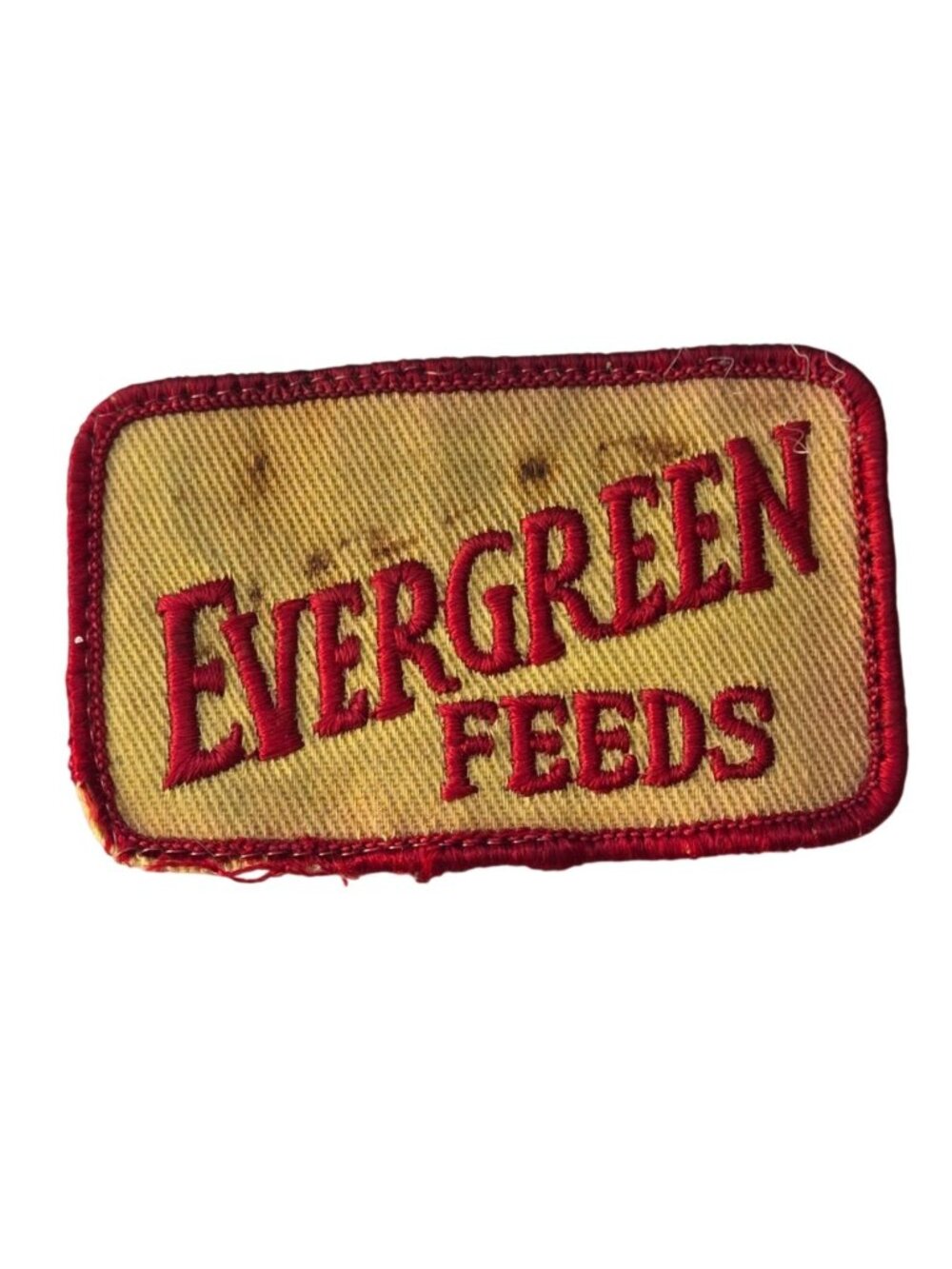 Vintage Evergreen Feeds Embroidered Patch Rectangular Red Yellow Distressed